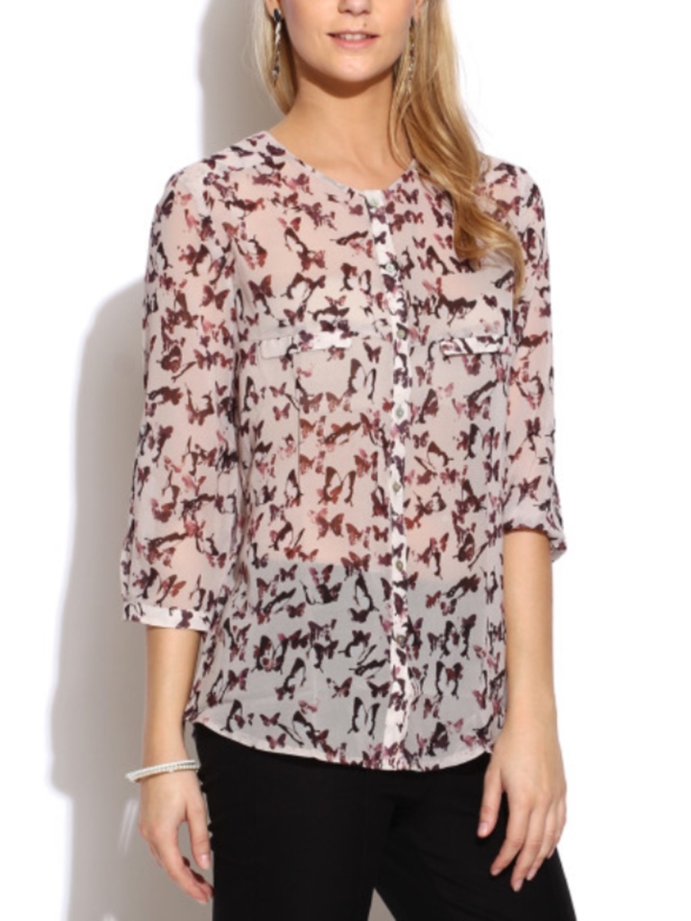 MNG Semi Sheer Butterfly Button Up Blouse Sz 4 Beige and Brown Button Front Top